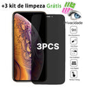 Kit 3 Pelêculas Vidro Privativa Anti-Spy iPhone XS XR 11 12 13 14 15 16 Pro Max 9H 3D