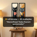 Kit 2 Quadros Decorativos Gatos Pop Art 18x45cm com Vidro | Moldura Madeira | Quadro Moderno Sala Quarto